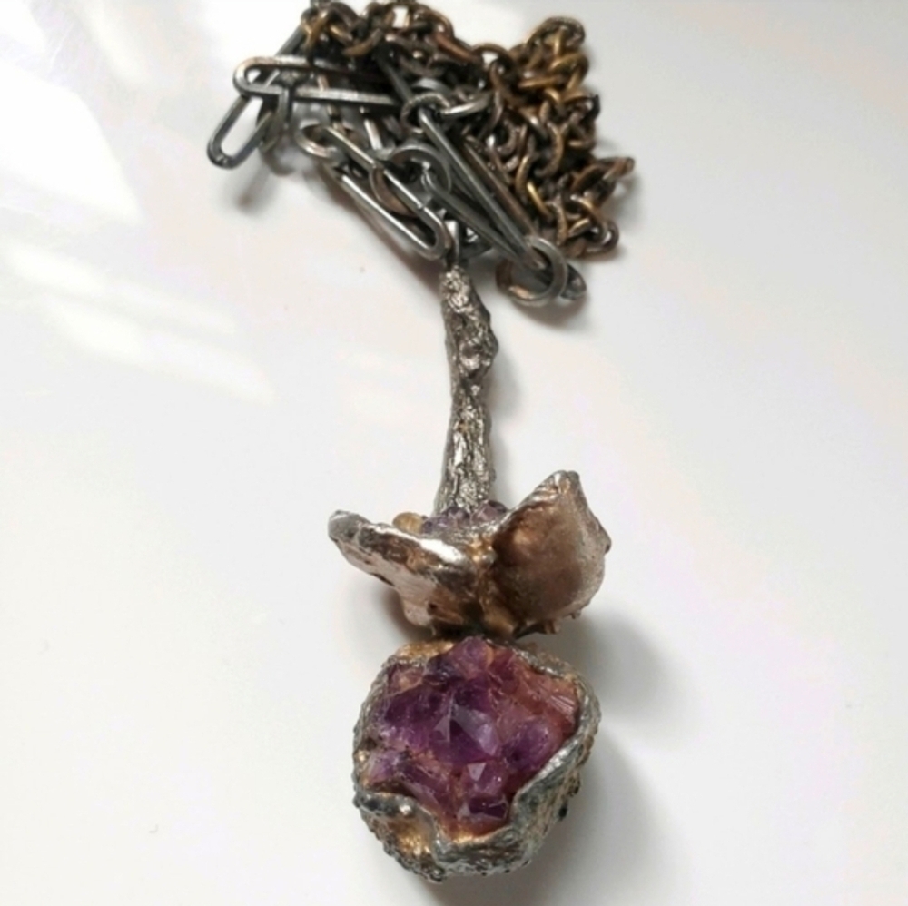 Vintage Brutalist Pewter and Amethyst Necklace - Picture 1 of 6